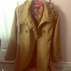 Tan wool trench coat button down with ruffles
